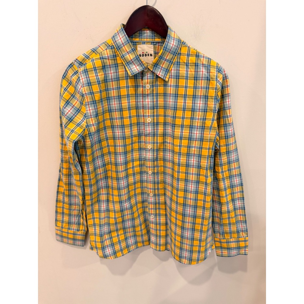 Mini Boden Boys Yellow Blue Plaid Button Down Shirt Size 13-14Y B2411